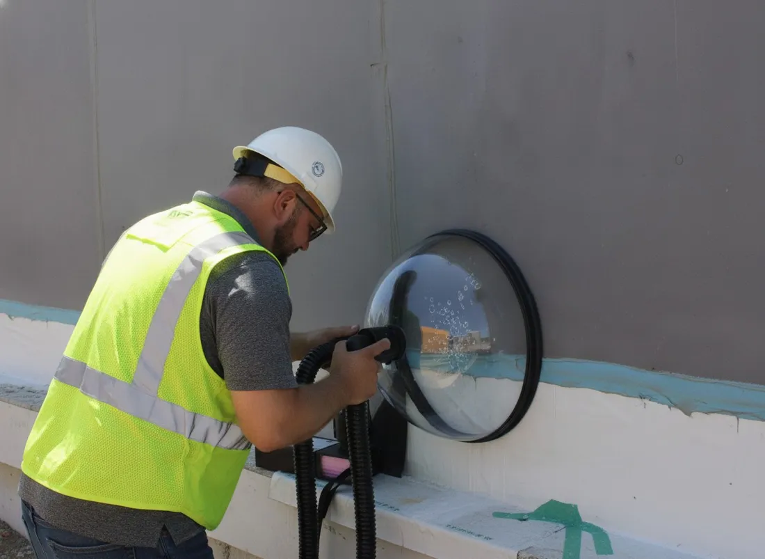 Close view of a bubble-gun dome held against an air barrier, bubbles forming at a defect