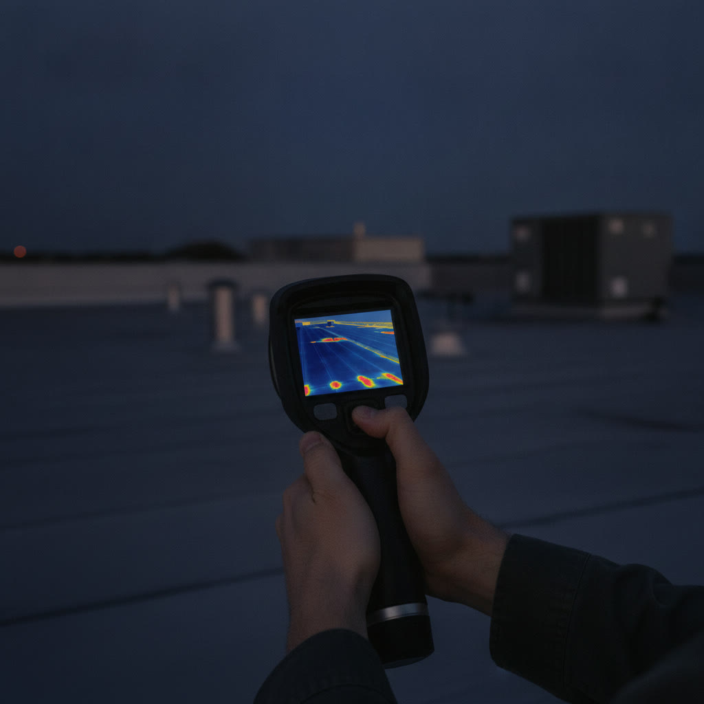 Thermal camera screen at dusk showing warm moisture trails across a dark roof field