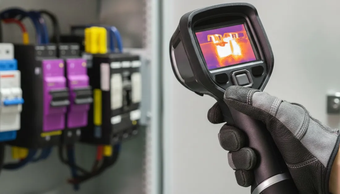 Thermal camera screen showing a hot connection inside an electrical panel
