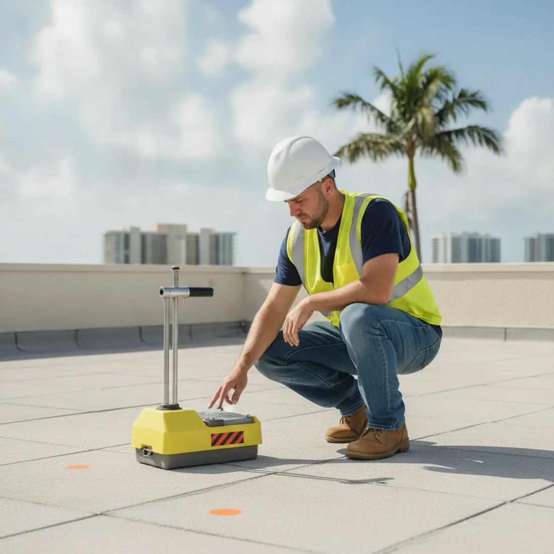 Technician setting a nuclear moisture gauge on a paver-surfaced Florida roof deck