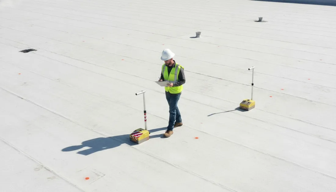 Technician standing on a marked survey grid on a white roof with gauge and marker poles set out