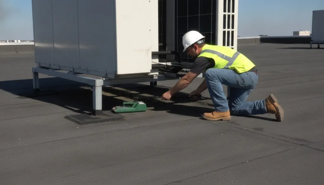 Technician kneeling on a commercial roof, reaching beneath a rooftop unit with the handheld impedance meter beside him