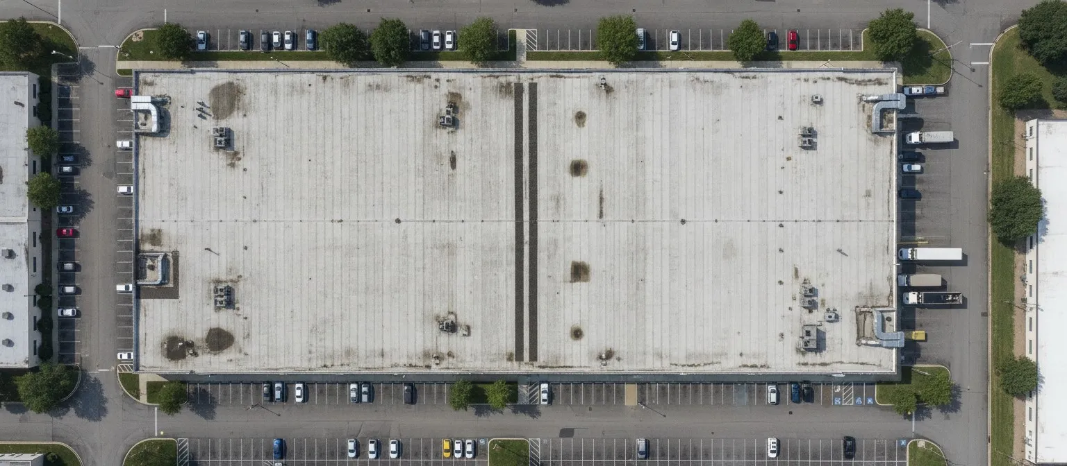 Aerial view of a large commercial roof in visible light