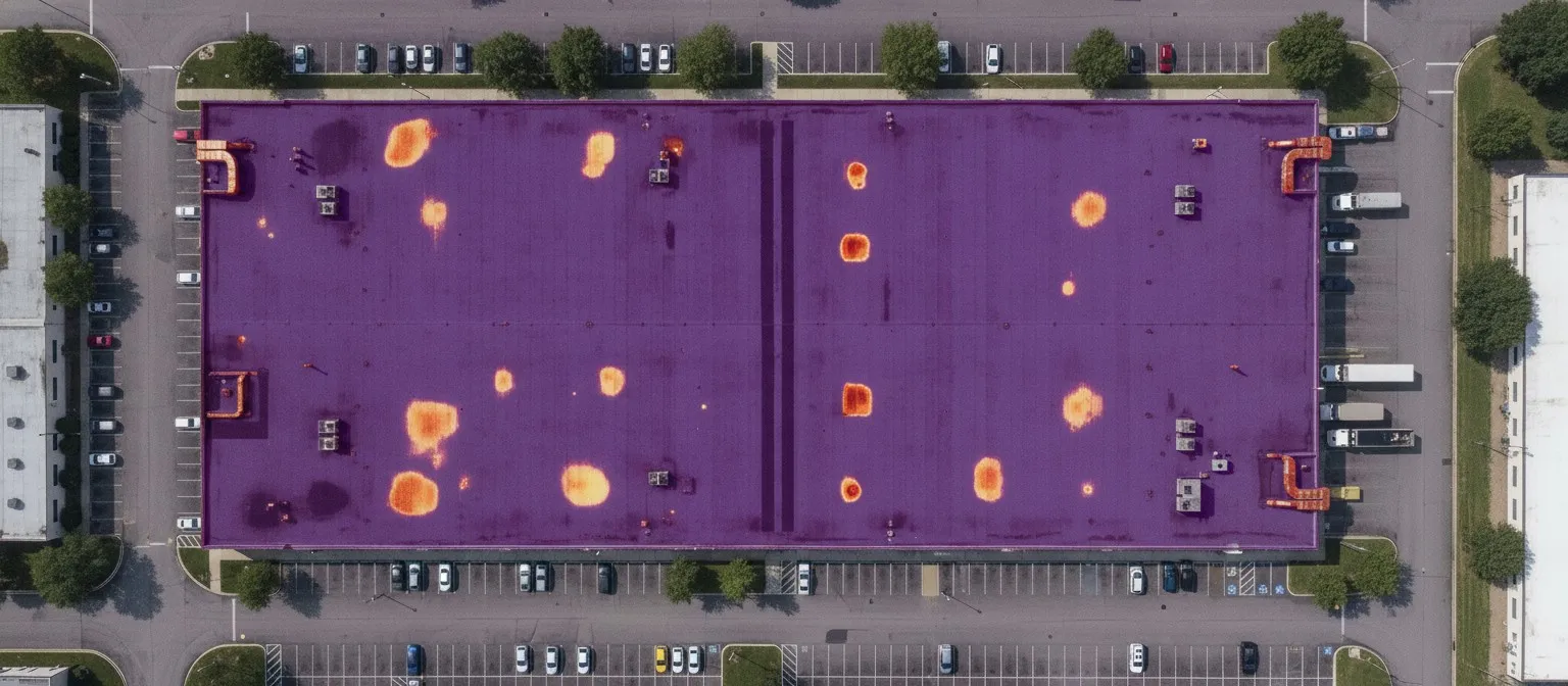 Aerial infrared view of the same commercial roof, moisture areas glowing warm across the field