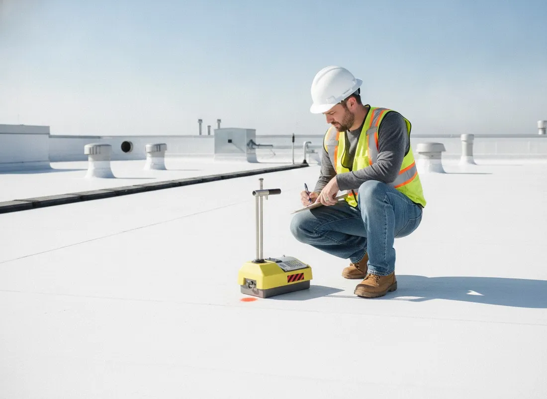 Technician kneeling beside a nuclear gauge recording readings on a clipboard