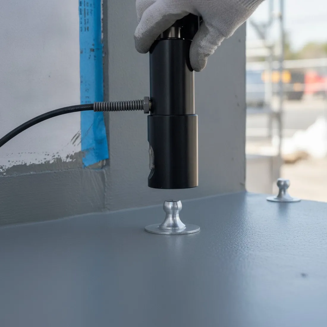 Close view of a pull-off adhesion tester engaged on a dolly bonded to a coated wall