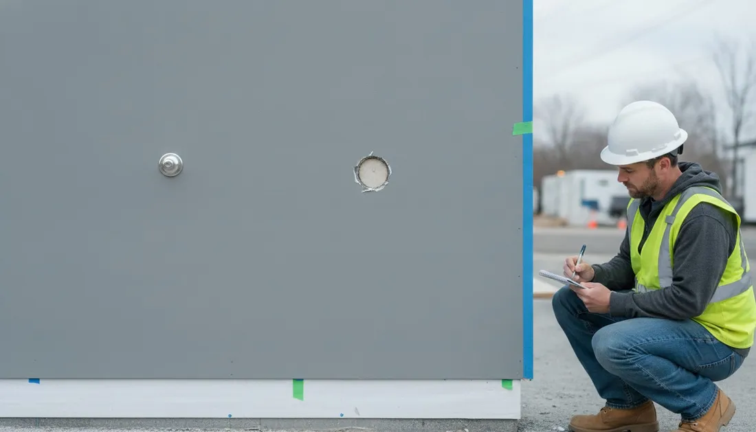 Technician recording results beside adhesion test locations on an air barrier wall