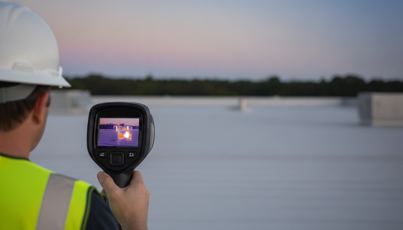 Thermal camera screen showing a bright anomaly over a roof at dusk