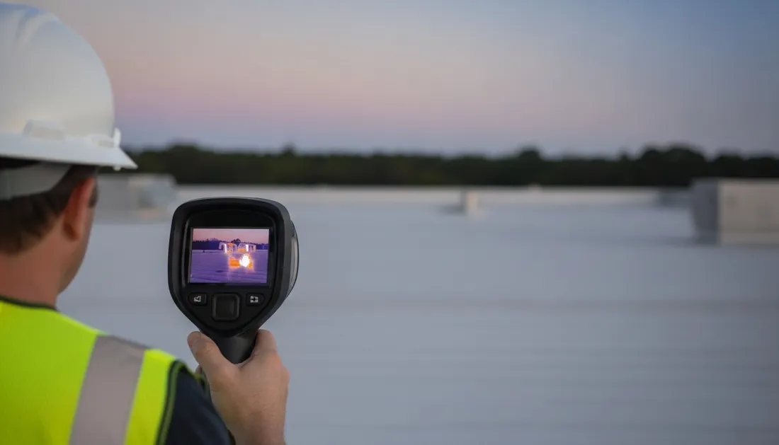 Thermal camera screen showing a bright anomaly, held over a roof at dusk