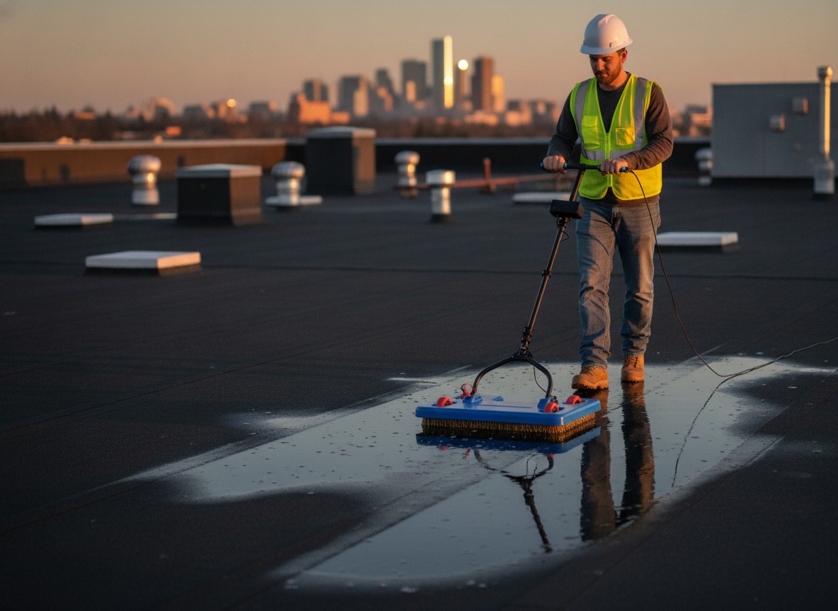 Technician running a low-voltage scanning platform across a wet EPDM roof at golden hour