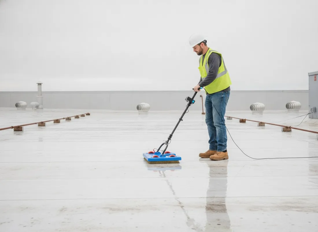 Technician guiding a low-voltage scanning platform across a wetted white membrane, console mounted on the handle