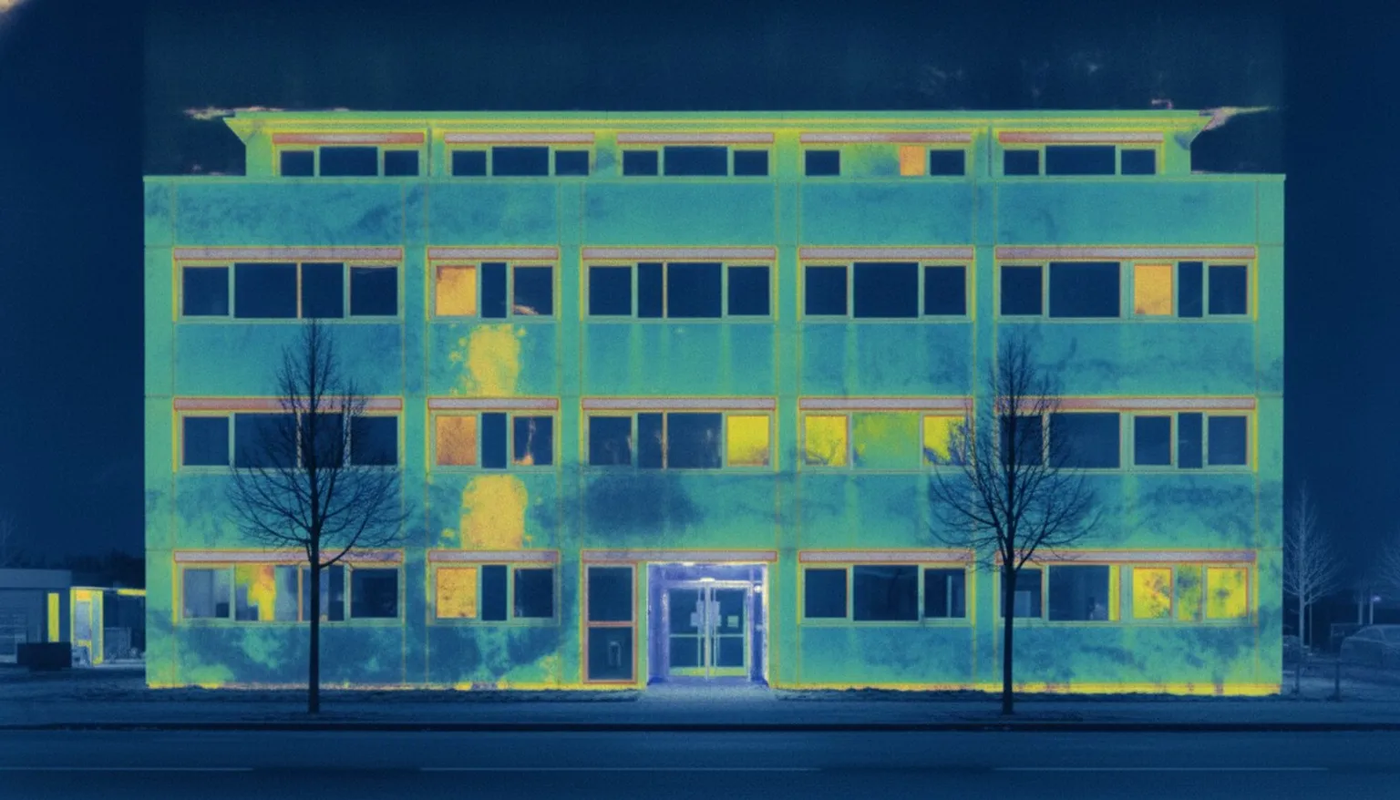 Infrared view of the same facade, heat loss and air leakage showing through the envelope