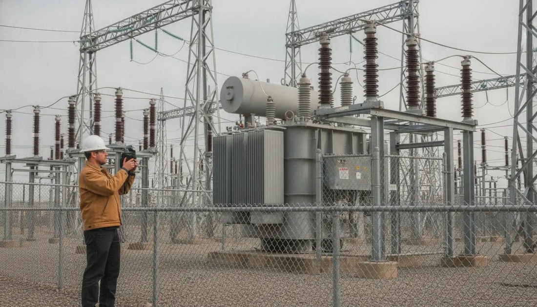Technician scanning substation equipment with a thermal camera from outside the fence line