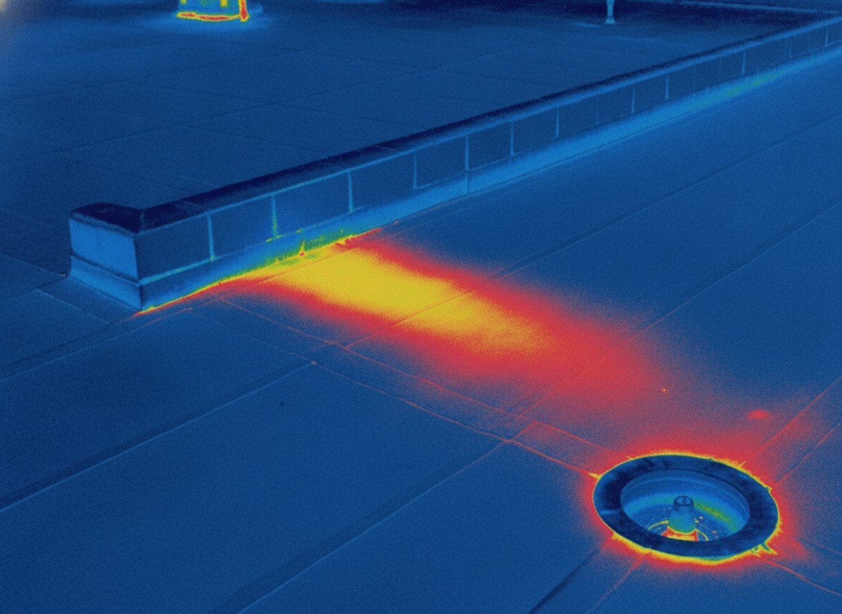 Thermal image of a flat roof, a warm moisture band along the parapet base and a warm ring at the drain