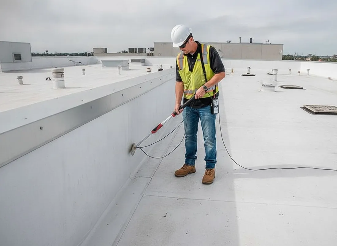 Technician sweeping a high-voltage wand along a wall detail at the roof edge